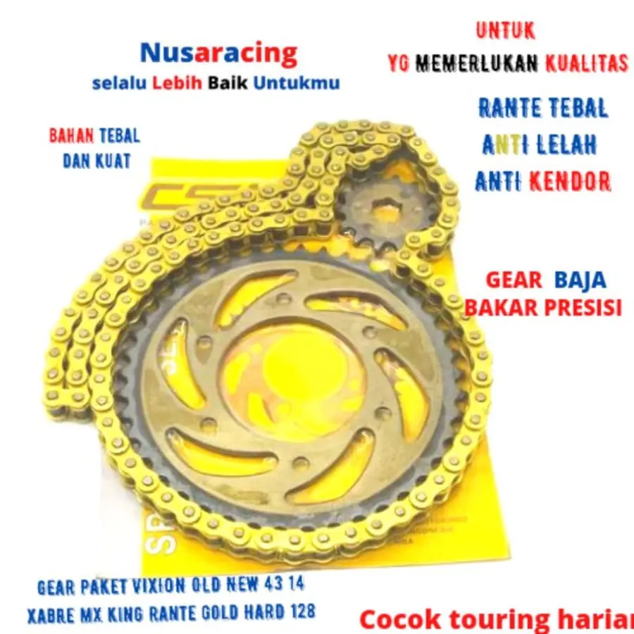 GEAR GER SET VIXION OLD NEW XABRE MX KING 43-14 BAHAN BAJA BAKAR GOLD TUA RANTE GOLD 428-128 TEBAL SRD   Motor Motorcycle