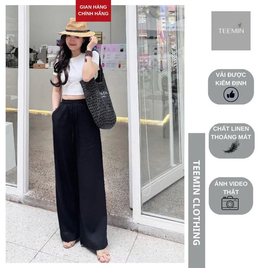 Quần linen dài nữ ống rộng cạp chun dây rút mềm mại Tyra Trouser TEEMIN