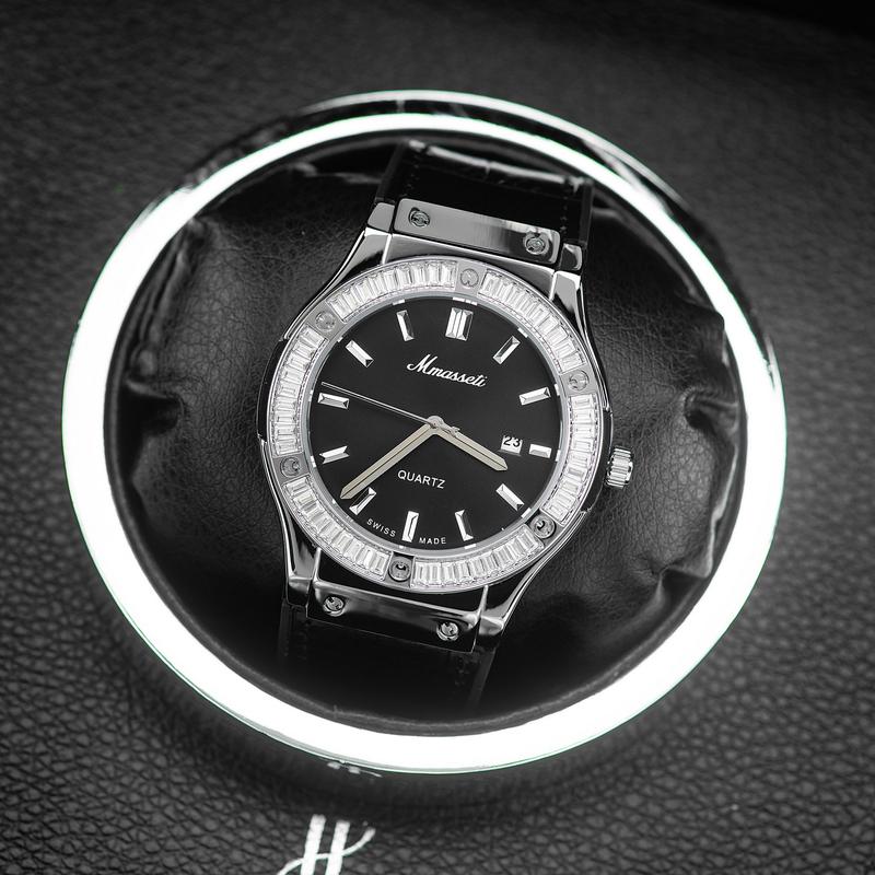 N169 Đen - Đồng hồ nam Mmasseti kèm hộp luxury, đính đá ống sang trọng Màu đen viền bạc  , chống nước tốt