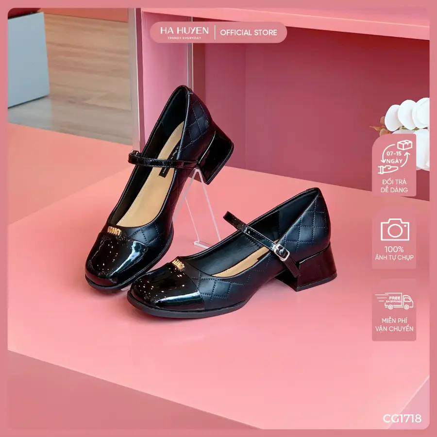 Giày cao gót nữ HÀ HUYỀN thân trần chỉ mũi bóng gắn chữ gót vuông 3cm - CG1718