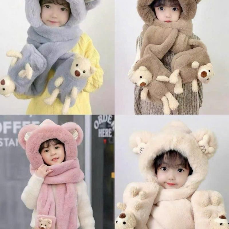 Mũ Lông Cho Bé Từ 4 Đến 12 Tuổi Kèm Khăn Quàng Cổ Có Gang Tay Gắn Sticker Gấu Dễ Thương