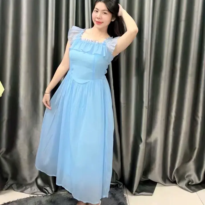 Đầm Maxi 2 Dây Dáng Dài Tay Bèo Bẹt Cổ Vuông Có Độ Co Giãn Nhẹ Thoải Mái Dạo Phố, Đi Biển Tiệc Tùng Voi Nữ 6