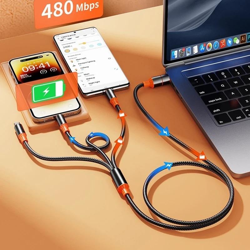3 In 2 Fast Charging Cable 100W Nylon Weaving Charger Cord 3 In 1 Zinc alloy Data Cable For ios 15 Type C Android Kabel 5