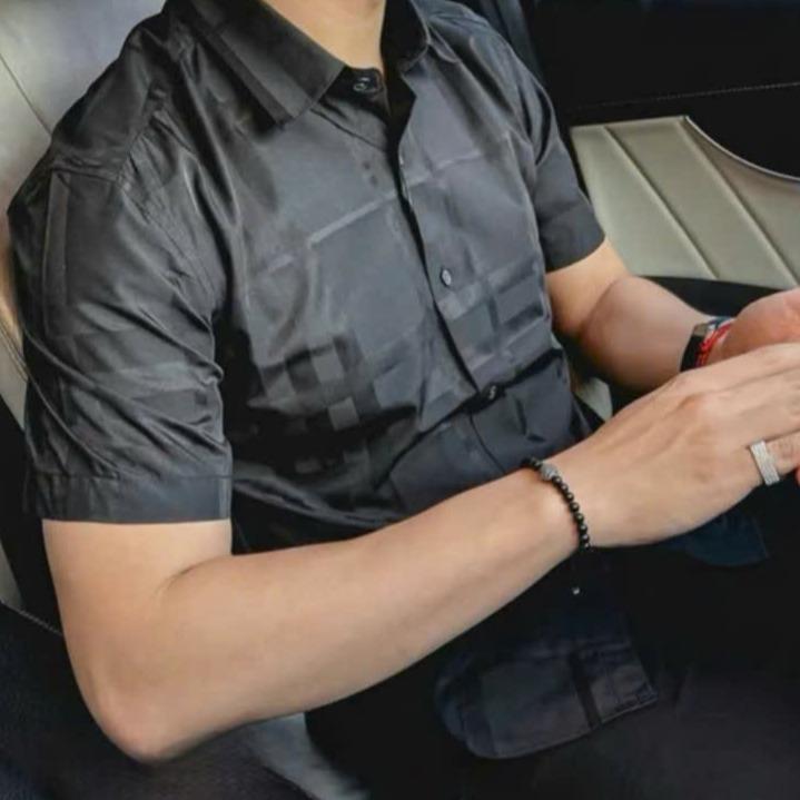 Áo Sơ Mi Vải Lụa Phối sọc chìm Sang Trọng Qúy Phái. Menswear Nam Shirt Có Cổ Trắng 4