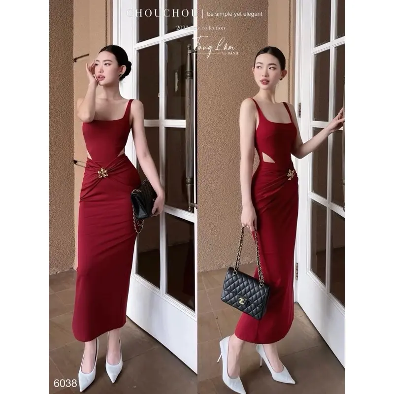 [VÁY THIẾT KẾ] ] Váy body dáng dài không tay vái cut out cách điệu eo đầm đi tiệc đầm body đầm 2 dây,sẵ. Nữ Women