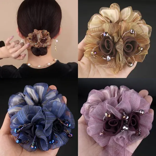 (COD)Băng Đô Hoa, Phong Cách Hàn Quốc, Thanh Lịch, Dây Buộc Tóc Scrunchie Lưới, Đầu Sợi, Buộc Tóc Hoa, Dành Cho Nữ