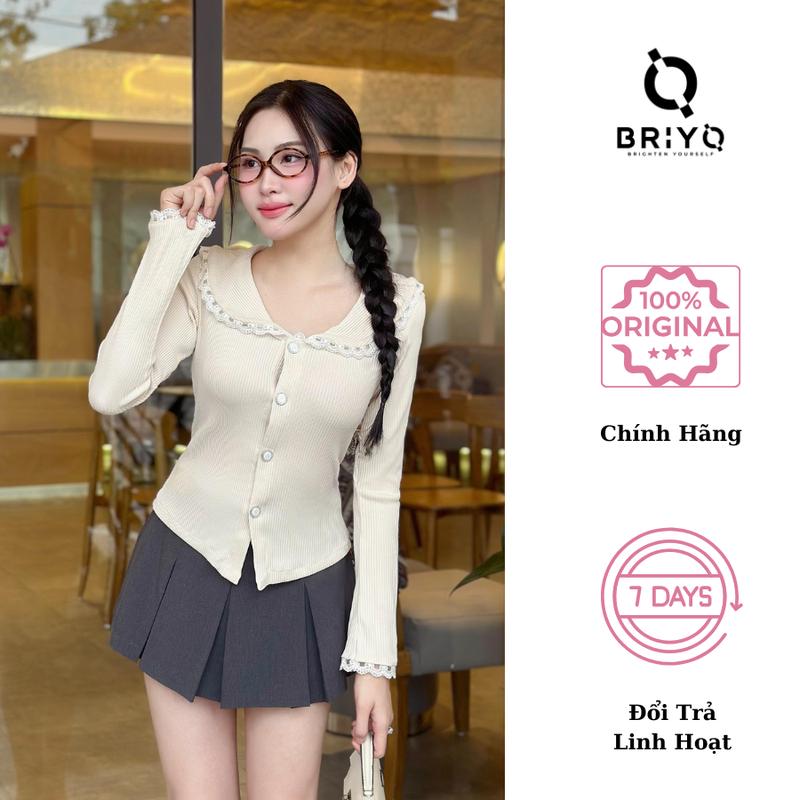 [Xả Kho] Áo Thun Tăm Nữ Dài Tay Phối Viền Cổ Ren Tôn Dáng Xinh Xắn áo len nơ BRIYO TD37