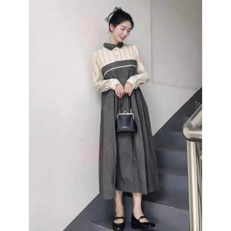 FADFAD - Gaun Wanita Lengan Panjang Gaya Korea - Kombinasi Motif Garis & Polos Elegan - Model Slim Fashionable - Cocok untuk Kantor, Hangout & Acara Formal 3