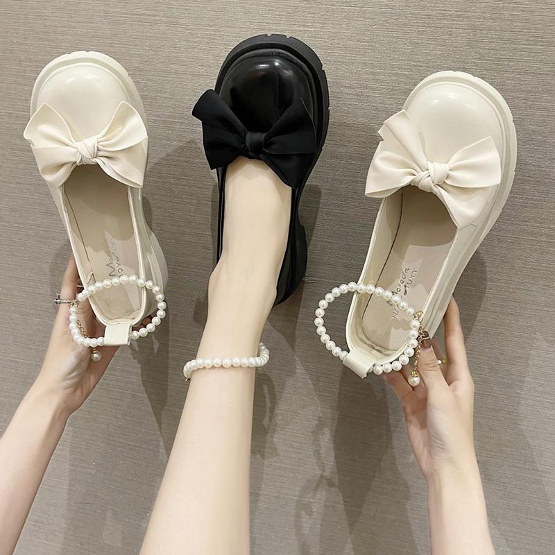 Giày ulzzang lolita phối nơ quai ngọc hai màu đen trắng quai ngọc có thể tháo rời Nữ DéP Shoes