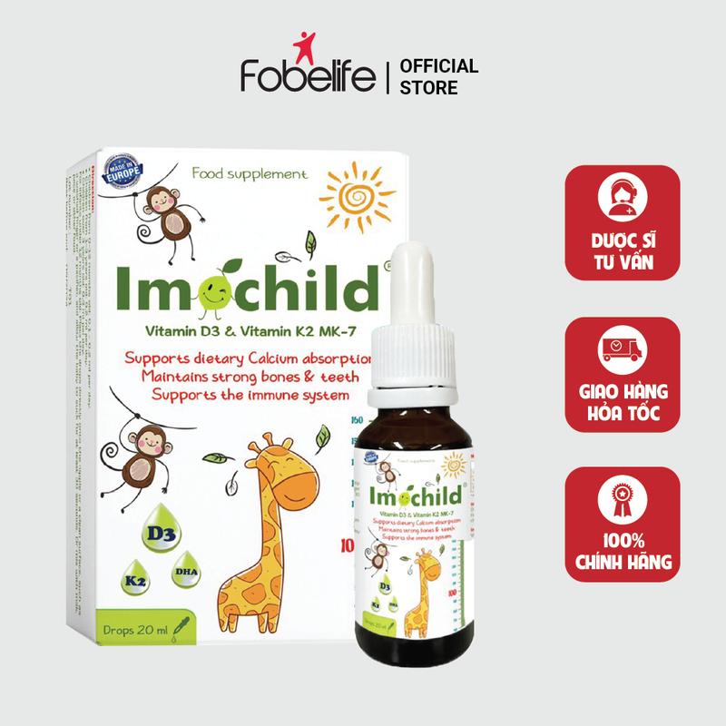  Imochild NHỎ GIỌT D3 K2 Fobelife Bổ Sung Vitamin D3 K2 và DHA Hấp Thụ Canxi Phát Triển Chiều Cao Cho Trẻ - Chai 20ml 