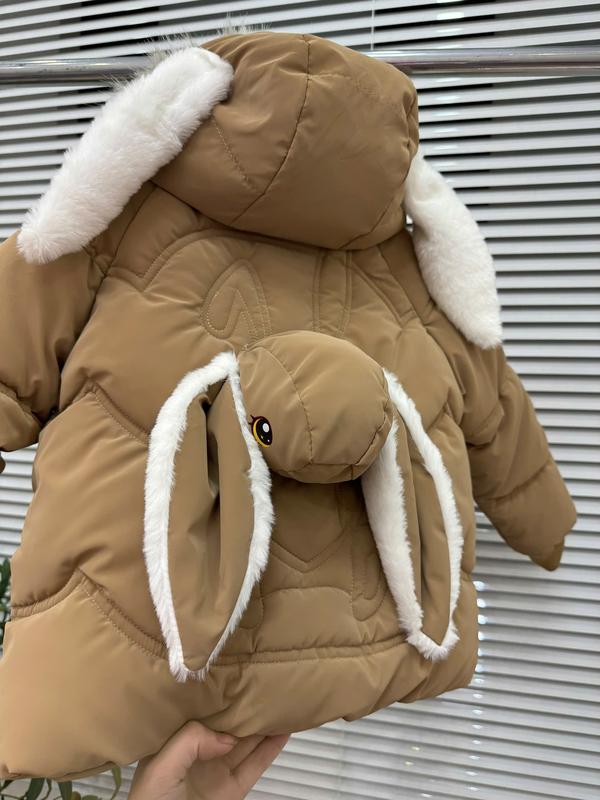 [MD Clothings] Áo phao nhung lì 3 lớp chần bông dành cho bé gái lót lông bên trong,Thiết kế mũ rời và đính mặt thỏ sau lưng