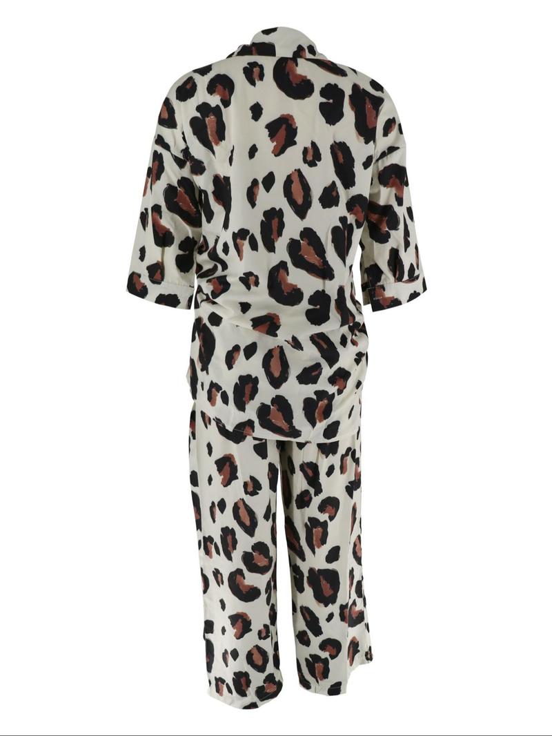 Product Introduction of Women's Leopard Print Button Front Blouse & Wide Leg Pants Two-piece Set, Casual Top & Pants for Daily Wear, Ladies Summer Clothes 2
