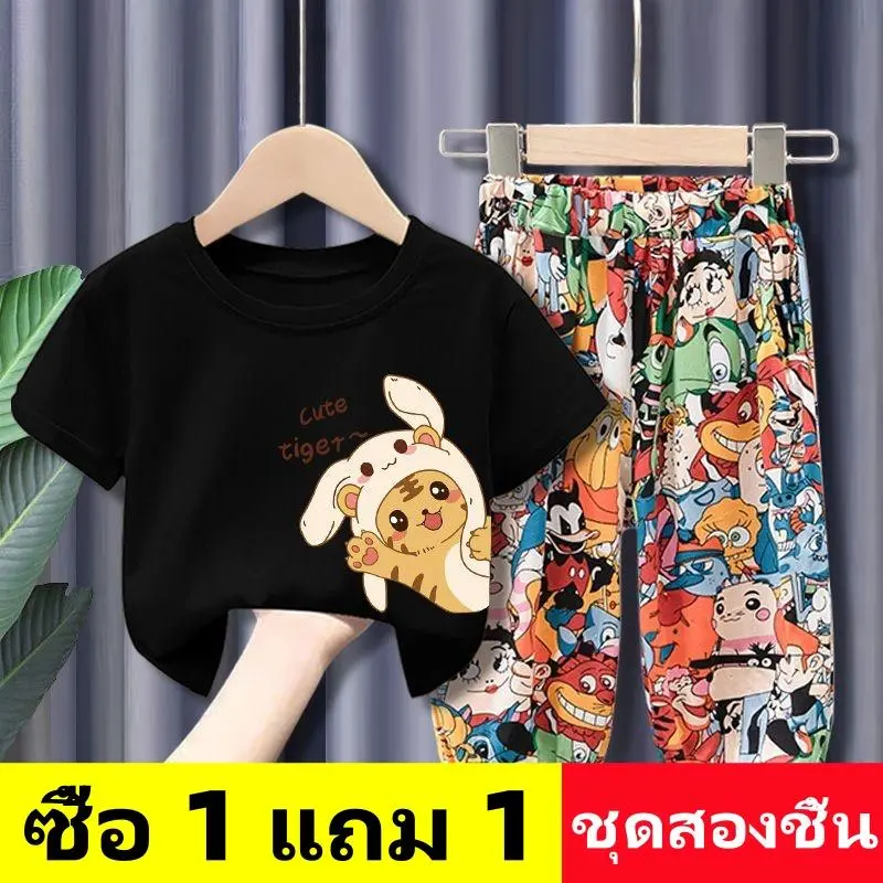 ชุดเซ็ทเด็กผู้หญิง เสื้อผ้าเด็กผู้หญิง ชุดเด็กผู้หญิง เสื้อยืดแขนสั้น+กางเกงกันยุง เซ็ต2ชิ้น เสื้อผ้าหน้า ร้อน