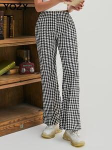 YOZY Women's Houndstooth Print High Waist Flare Leg Pants, Elegant Bell Bottom Trousers for Work Office Business, Ladies Bottoms for Summer