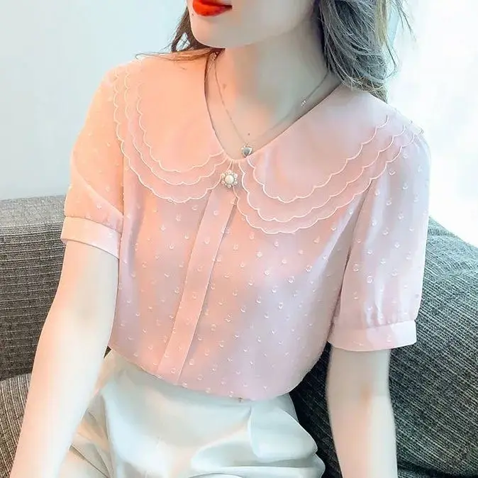 Áo Sơ Mi Voan Cổ Điển Kiểu Pháp Dành Cho Nữ Mùa Hè Dáng Rộng Cổ Búp Bê Dáng Ngắn Tay Ngắn Top Cổ Tròn Shirt