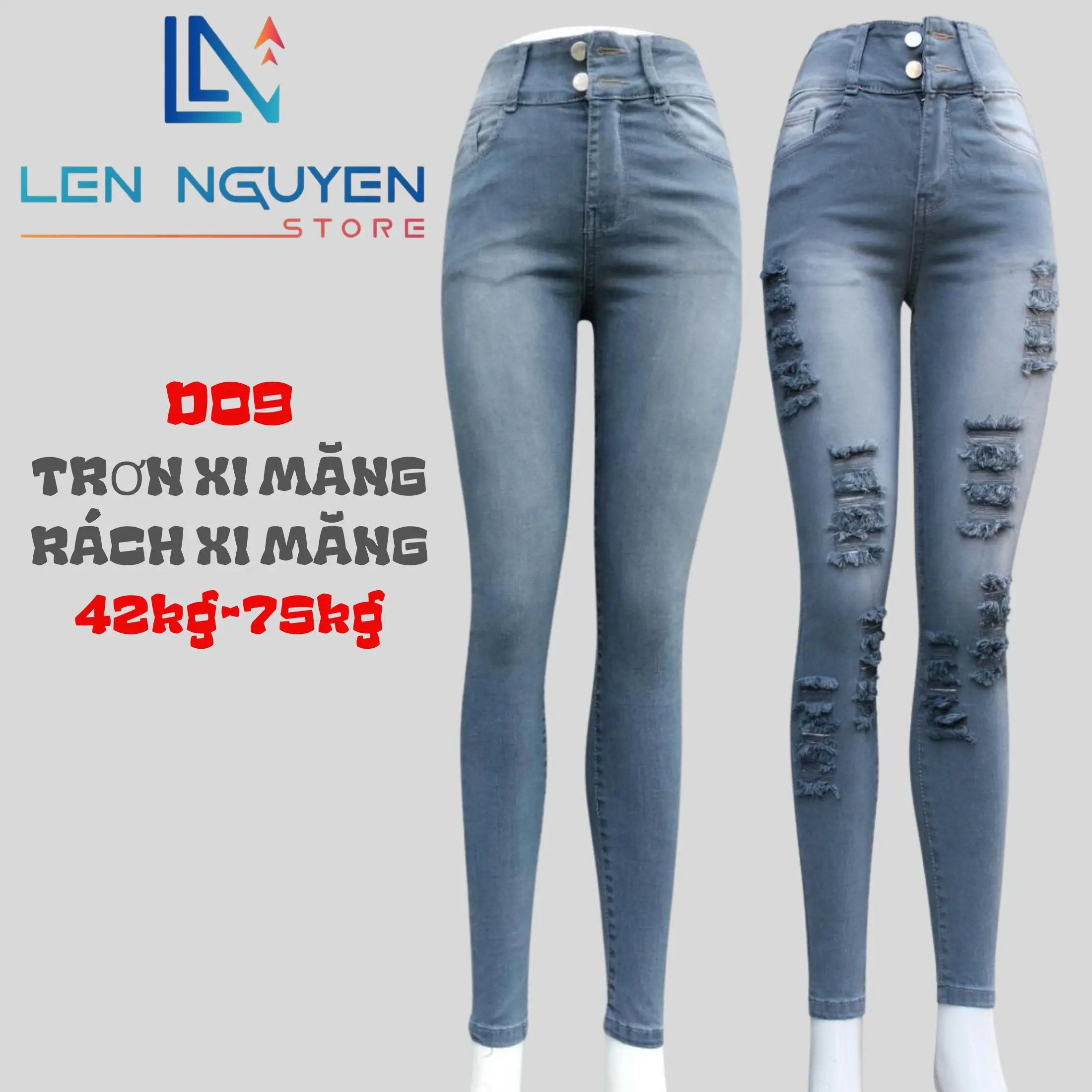 D09 [ Len Nguyen Store ] Quần Jean (Bò) Nữ, Lưng Cao 2 Nút, Dài 95-97cm, Màu Xám, Xanh, Size 42kg-75kg, Thiết Kế, Co Giãn, Mền Mịn, Bigsize, Hotgirl, Skinny, Ống Ôm, Trẻ Trung, Tự Tin, Dễ Phối Đồ. Women Pants Denim Có Túi