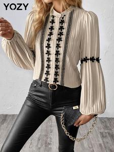 YOZY Women's Floral Appliques Button Front Blouse, Elegant Bishop Sleeve Round Neck Top for Daily Wear, Ladies Clothes for All Seasons