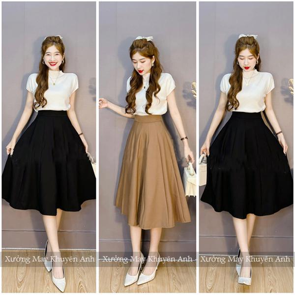 Chân váy dài có túi xòe bồng bềnh cạp cao gen bụng 12 mảnh khóa sườn dáng chân váy công sở tiểu thư màu Đen Nâu đi học làm tiệc biển xinh