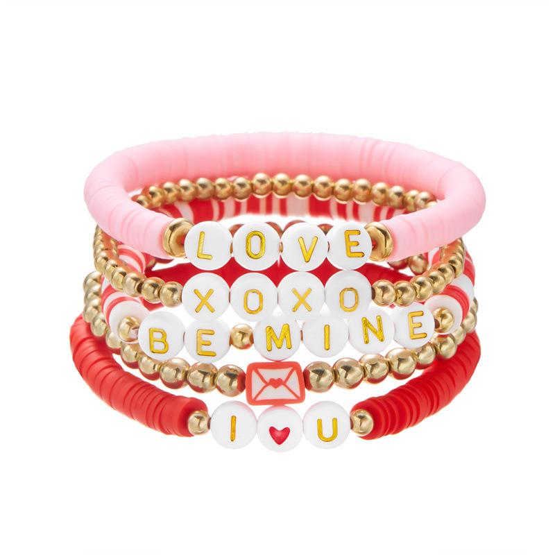 Product Introduction of Europe and America Cross Border Valentine's Day Bracelet Multi-Layer Twin Pink Love Pendant Bracelet Polymer Clay Beaded Stretch Bracelet 13
