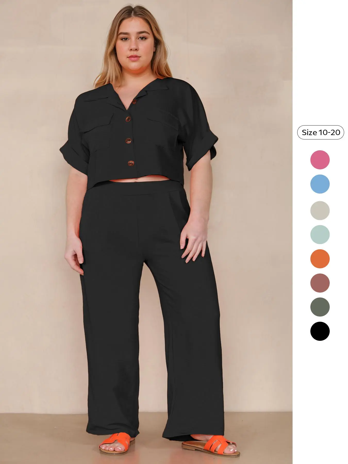 【Plus Size】 Two-piece Set Solid Color Button Crop Top & Wide Leg Trousers, Casual Short Sleeve Top & Pants for Daily Wear, Women's Two-piece for All Seasons, Clothes