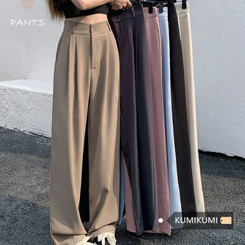 Black suit pants with elastic waist for and casual wear, summer pants with loose and wide legs, women's high waisted and fashionable pants with a hanging feel