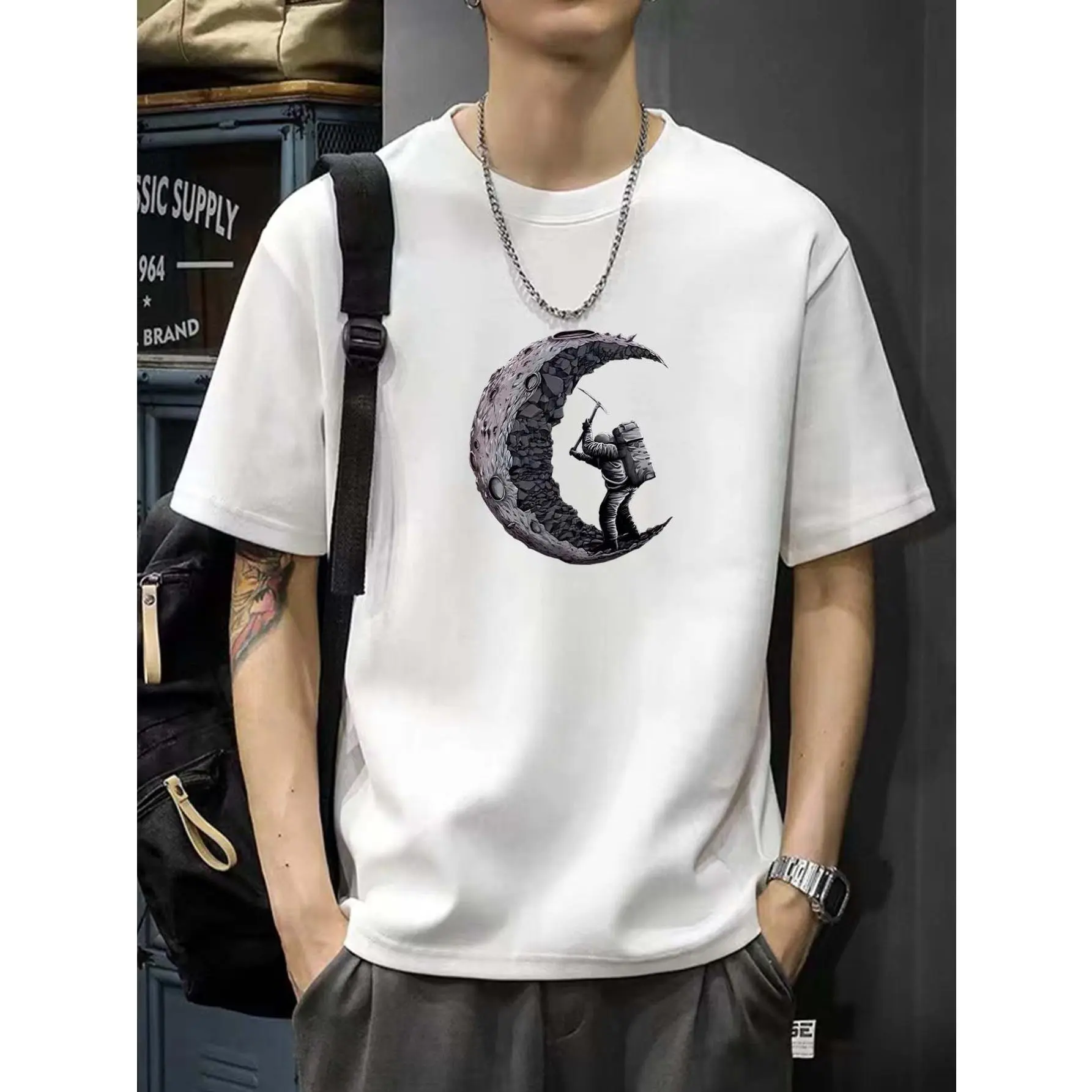 Baju Trip Adventure Men's 100% Cotton Casual Crew Neck T-Shirt with Alphabet Moon Digital Heat Transfer Print - Regular Fit Knit Fabric Short Sleeve Top with Slight Stretch kaos  psht