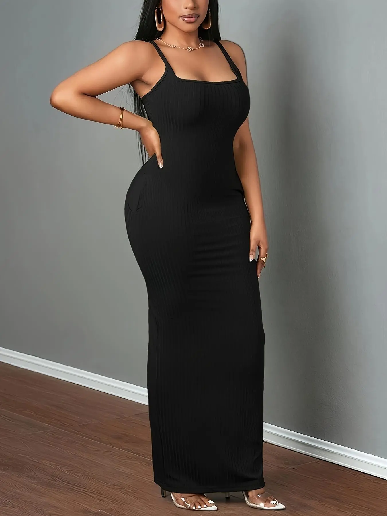 【Plus Size】 Solid Color Cami Dress, Casual Sleeveless Ribbed Long Dress for Summer, Women's Clothing for Daily Wear
