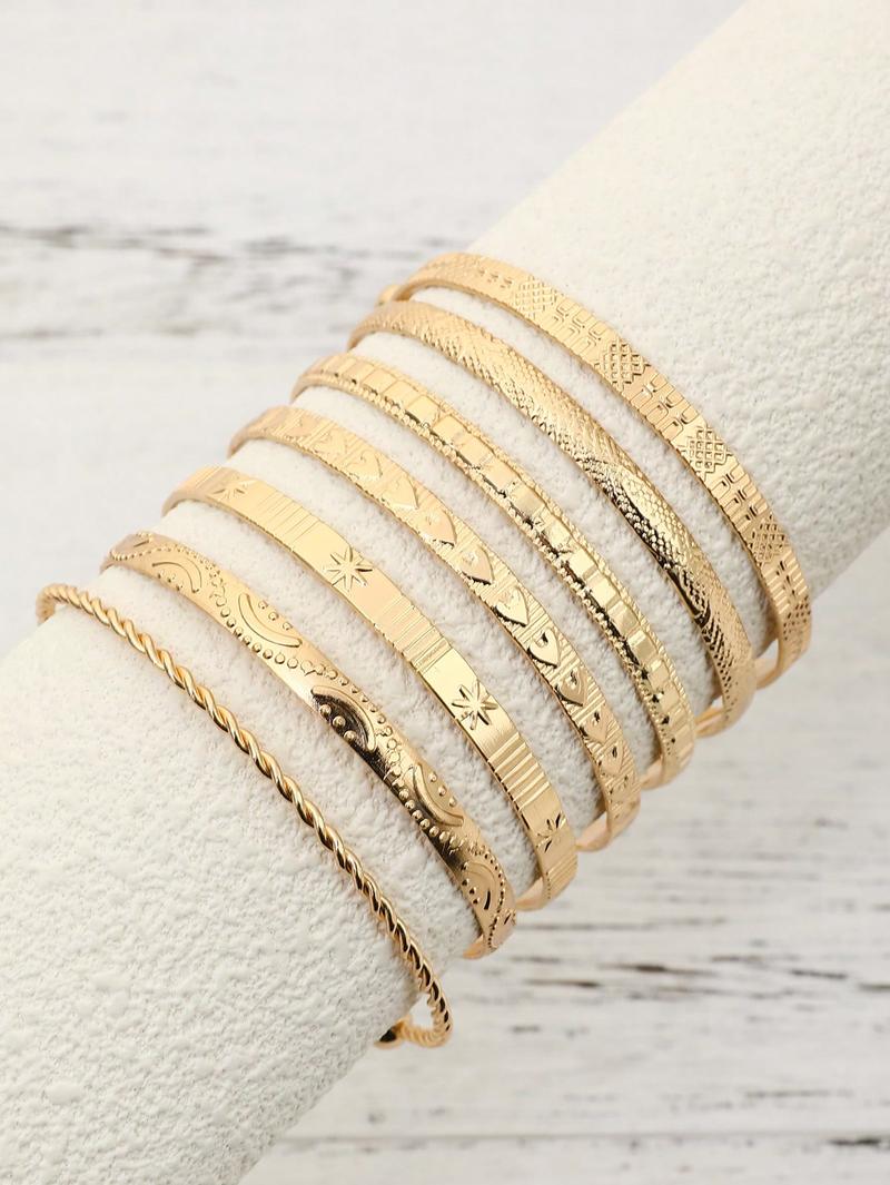 Product Introduction of 7pcs/Set European And American Style Bangle Set With Hammered, Arrow, Floral, Exaggerated Hexagram Design, Twist Open Bracelets Jewelry Gifts 7