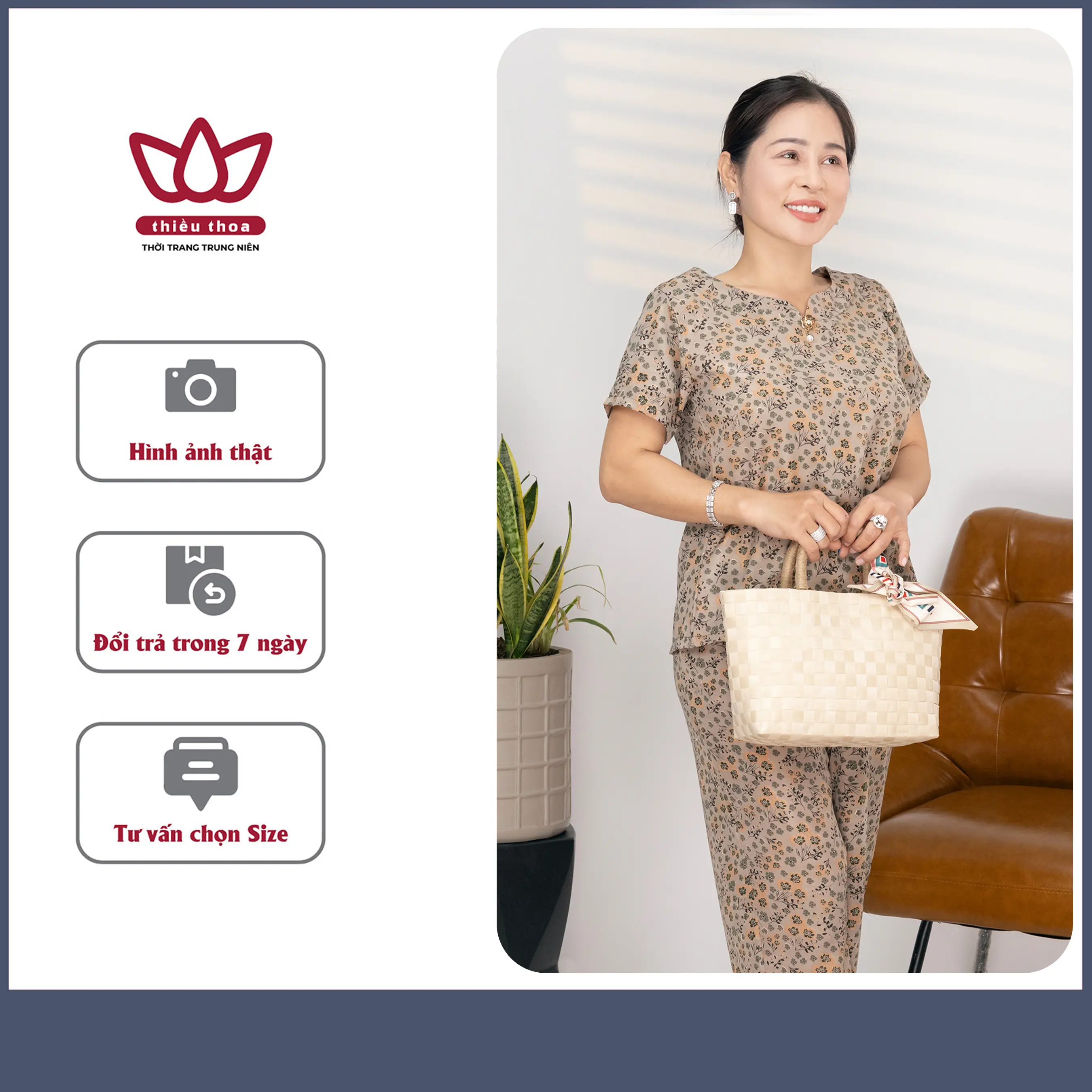 Đồ bộ mặc nhà trung niên LỤA PHÁP COTTON LẠNH 100% tay ngắn mùa hè đi chơi ngủ sang trọng quý phái Áo Top Ong lưng - Coma - Loang, Cổ Tròn Nữ Women Quần Ngủ Nhung