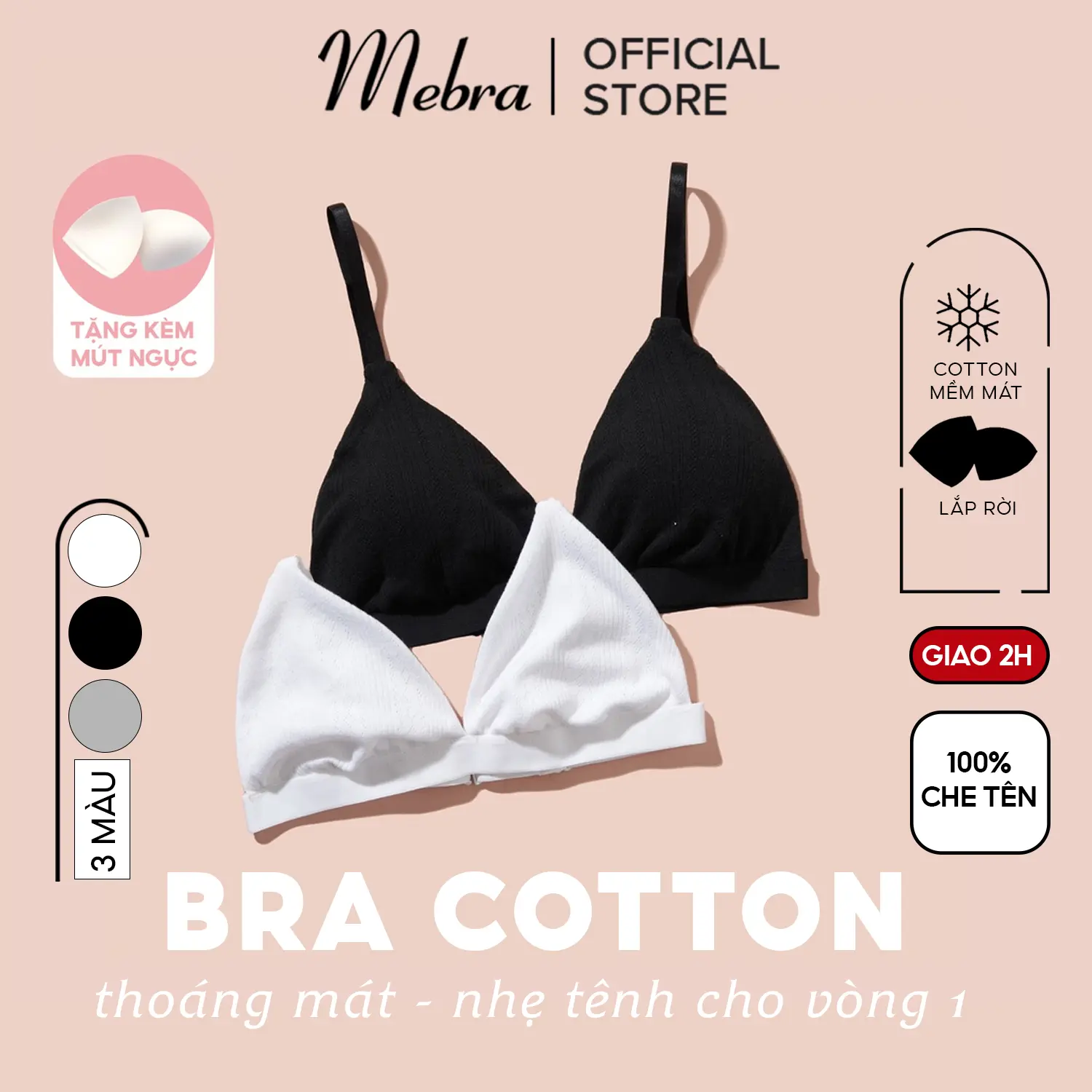 Áo bra cotton trắng đen trơn không viền mút mỏng có khe nhét mút A008+A027 Mebra Nữ\
