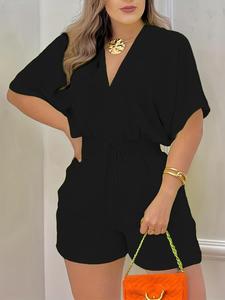 Mono liso de manga murciélago con nudo delantero para mujer, mono informal con cuello en pico y fruncido para verano, ropa de mujer para el día a día