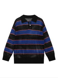 Men's Striped Print Half Button Hollow Out Sweater, Loose Casual Long Sleeve Collared Jumper for Summer, Fashion Men's Knitwear for Daily Wear, Tops