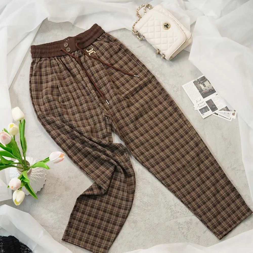 [VẢI ĐẸP] Quần Baggy Kẻ Sọc Caro 2 Màu Nâu Vàng, Xám Ghi Chất Lụa Mềm Mịn Cao Cấp Co Dãn Nhẹ - Form Dáng Chuẩn Đẹp, Kèm Dây Rút Menswear Kem Pants quandep quan bigsize lo ethungan nu