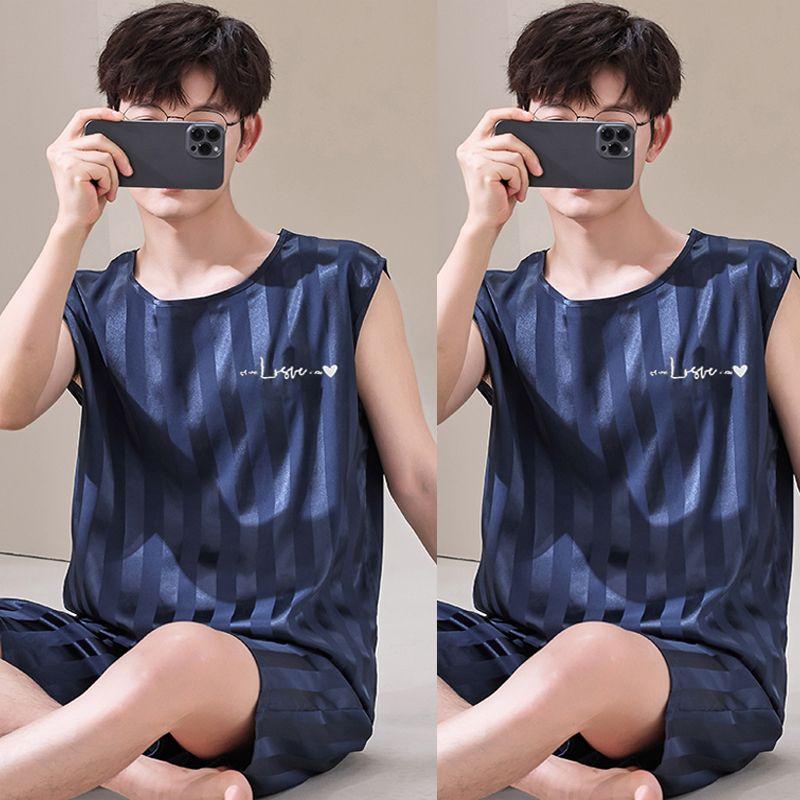 Đồ Ngủ Mùa Hè Cho Nam, Chất Liệu Lụa Lạnh Mỏng, Bộ Sưu Tập Mới 2024, Áo Vest Và Quần Đùi, Bộ Đồ Mặc Nhà, Không Tay, Ngoại Cỡ, Thích Hợp Cho Mùa Hè Menswear 4