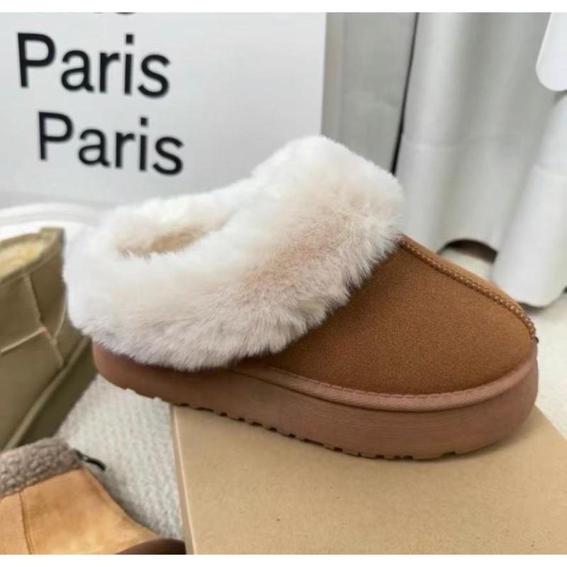 Sục lông ấm-Bốt lông nữ xinh cá tính DéP Slipper Shoes Mắt cá chân Màu nâu Mũi tròn MSP E3 Women Có Quai