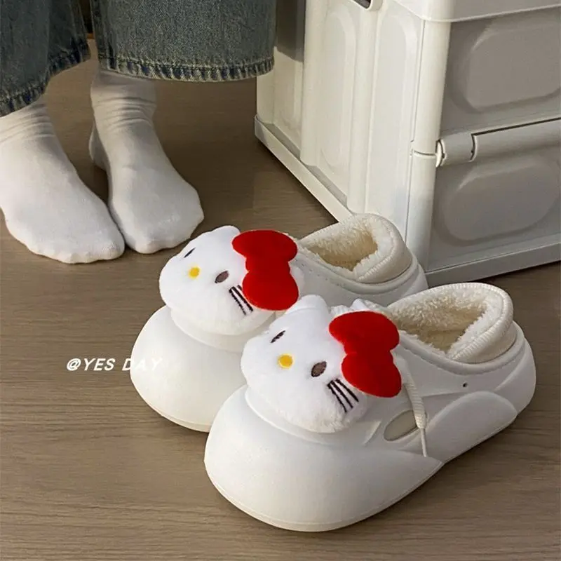 Dép Bông Hello Kitty, Thiết Kế Hoạt Hình Dễ Thương, Làm Bằng Nhung, Có Lỗ, Dành Cho Nữ, Có Thể Mặc Ngoài Trời, Không Trơn Trượt, Đế Dày, Giữ Nhiệt, Dép Đi Trong Nhà, Đệm Bông, Năm 2025