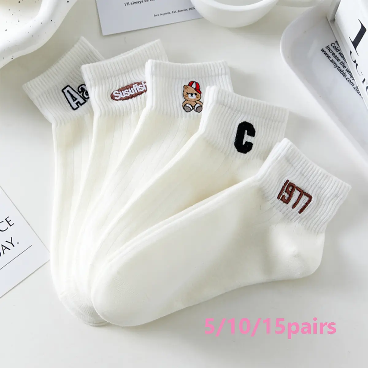 5/10/15pairs medyas Women's cute socks with letters, fashionable, 100% cotton socks, best seller