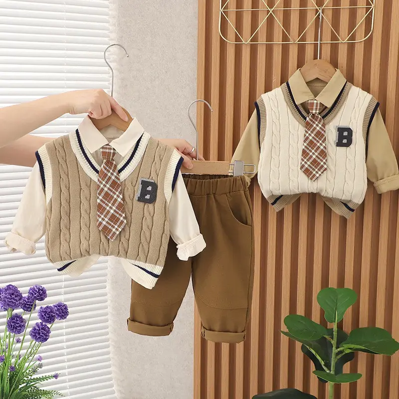 [Shubimkids] -ST07-Set Đồ Bộ Gile Len 3 Chi Tiết TẶNG Cà Vạt Cho Bé Đáng Yêu
