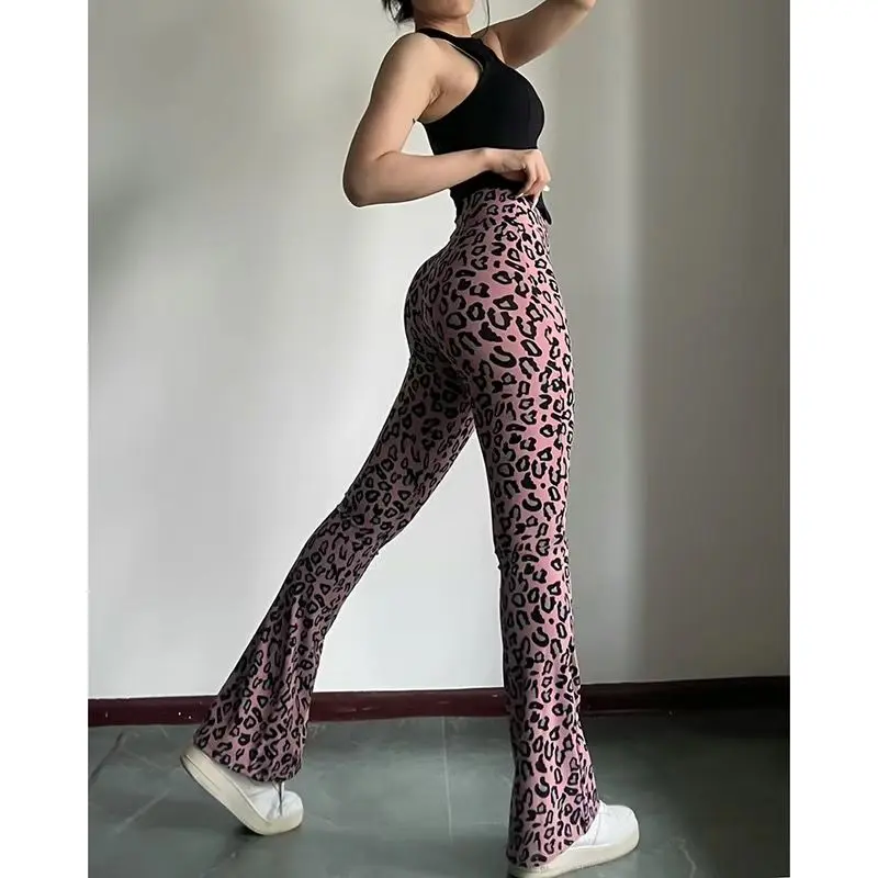 Quần Tập Yoga, Họa Tiết Da Báo Mở Rộng, Thoáng Khí, Làm Dài Chân, Kiểu Loe, Cạp Cao, Thích Hợp Cho Thể Thao, Pilates, Dài Sàn, Bó Sát, HK