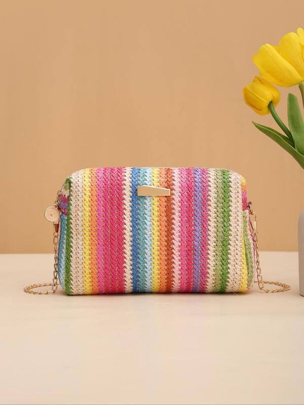 Summer 2025 Colorblock Straw Woven Crossbody Bag, Casual Trendy Shoulder Bag, Chain Bag for Women, Everyday Bags, Fashion All-match Square Bag for Beach Vacation, Purses Crossbody Bags, Unique Bags 1