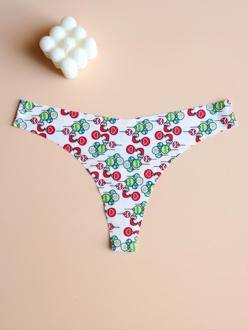 Product Introduction of Women's Christmas All Over Cartoon Print Thong, Soft Comfy Breathable Seamless Panty for Daily Wear, Women's Underwear for All Seasons 15