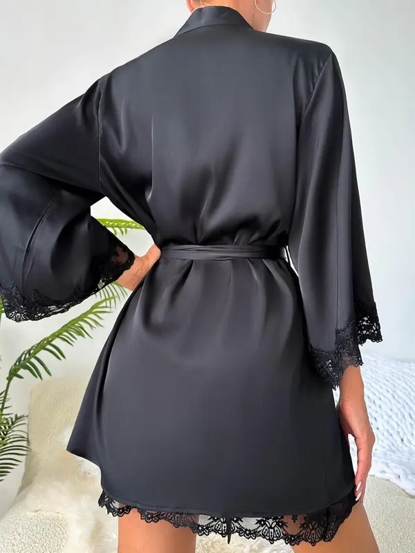 Women's Plain Contrast Lace Pyjama Set, Elegant Cami Nightdress & Belted Lounge Robe, Fashion Summer Clothes Women, Womens Clothes, Ladies Sleepwear & Loungewear, Pajama Sets Women, Women's Clothes 1