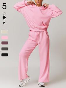 Two-Piece Set Women's Solid Drop Shoulder Hoodie & Drawstring Waist Pants Sportswear Set, Casual Fashion Cozy Breathable Outfits for Yoga Gym Workout Running, Ladies Fall & Winter Clothes, Tracksuit