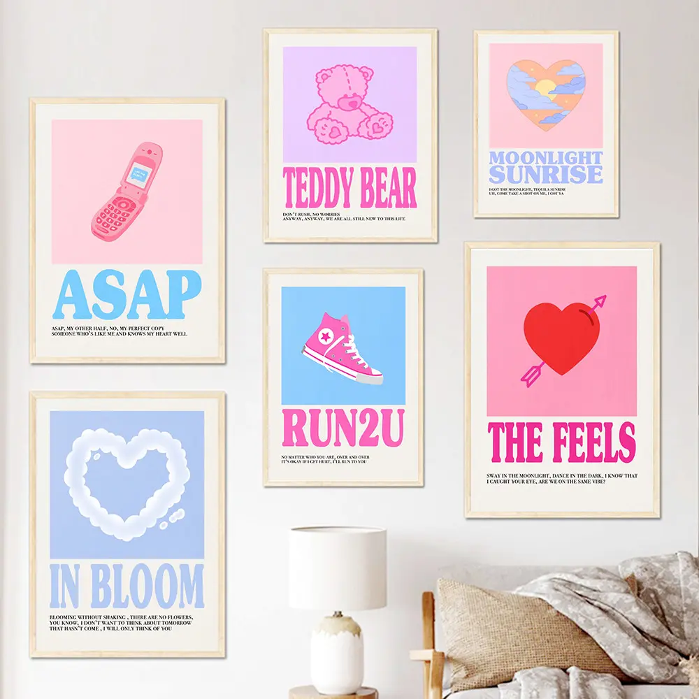 Kpop Music Album Poster, Aesthetic Wall Art Print, Famous Girl Band, Rock Rapper, Canvas Print, Home, Blue, Pink, Kawaii Room De