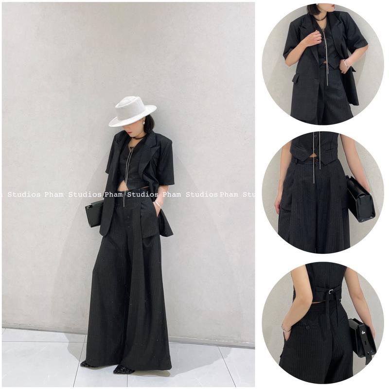 Pham Studios, Áo blazer cộc tay xẻ sau, áo gile croptop và quần cạp cao xếp ly túi trước hiện đại, vải text màu đen chì kẻ nâu 0