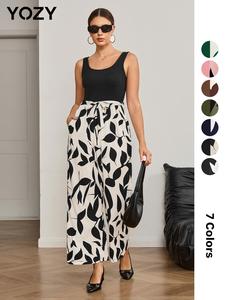 YOZY Women's Leaf Patchwork Print Belted Jumpsuit, Casual Scoop Neck Wide Leg Tank Jumpsuit, Fashion Ladies' Clothes for Daily Wear