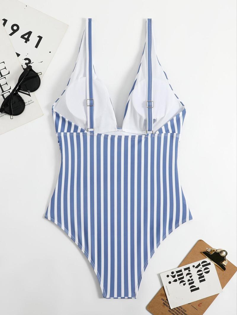Product Introduction of Women's Striped Print V Neck Backless Swimsuit, Casual Adjustable Strap Tummy Control Swimwear for Summer, Vintage Retro One-piece Bathing Suit for Women, Gym Sets Swimsuit for Women 19