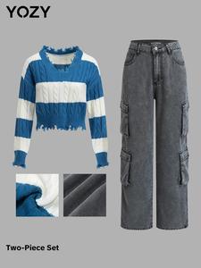 YOZY Women's Colorblock Striped Print Sweater & Cargo Pants Set, Women's Daily Wear for Fall & Winter