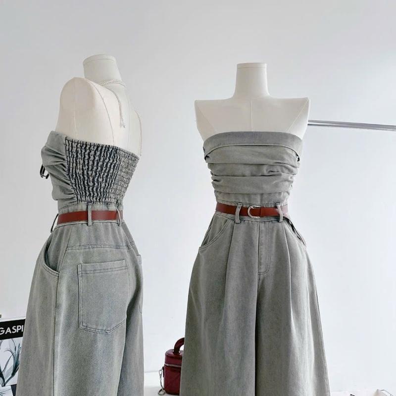 JUMPSUIT JEAN NHÚN NGỰC WASH DƠ& NỊT NÂU