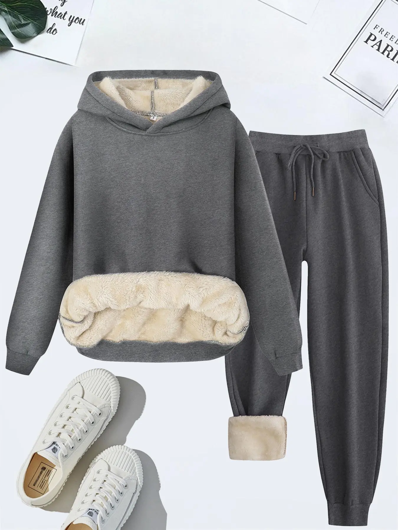 Women's  Thermal Lined   Solid Color Hoodie & Drawstring Waist Pants Two-piece Set, Casual Long Sleeve Hooded Sweatshirt & Pocket Trousers for Fall & Winter, Women's Clothes for Daily Wear